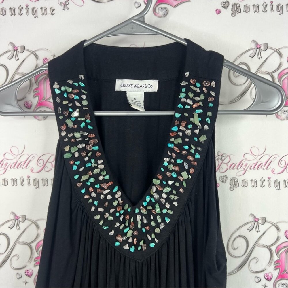 Cruise wear & co dress healing crystal Elegant Black Midi Beaded Neckline - Picture 2 of 7